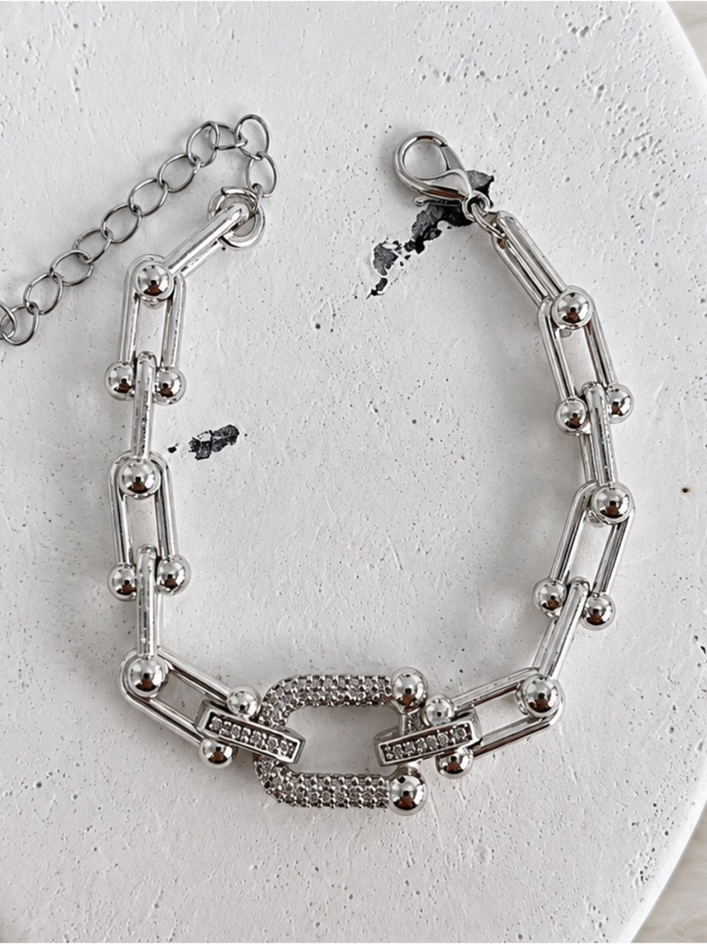 Silver Plated CZ Zircon Geometric Link Chain Statement Bracelet